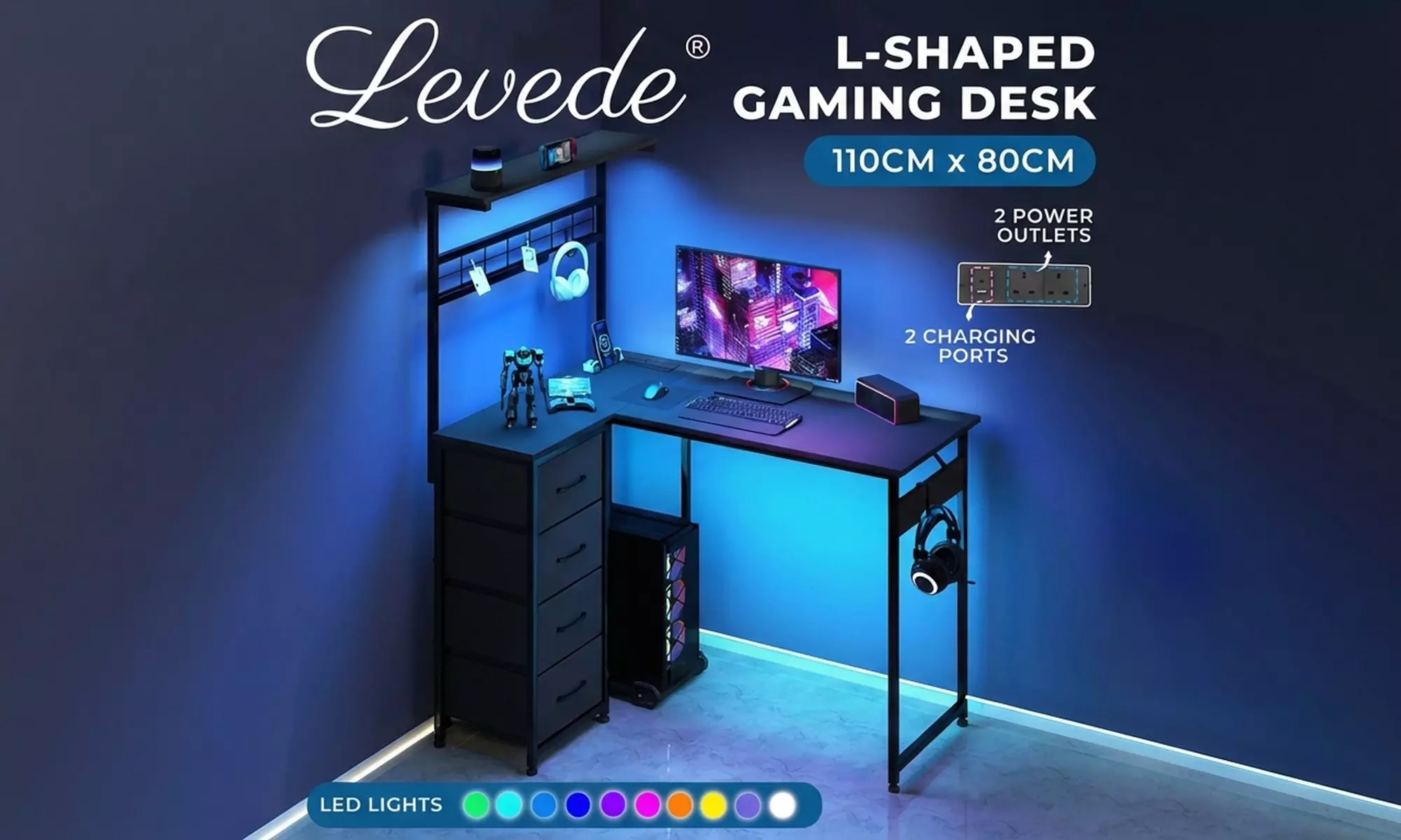 Levede L-Shaped Gaming Computer Desk with Integrated LED Lighting