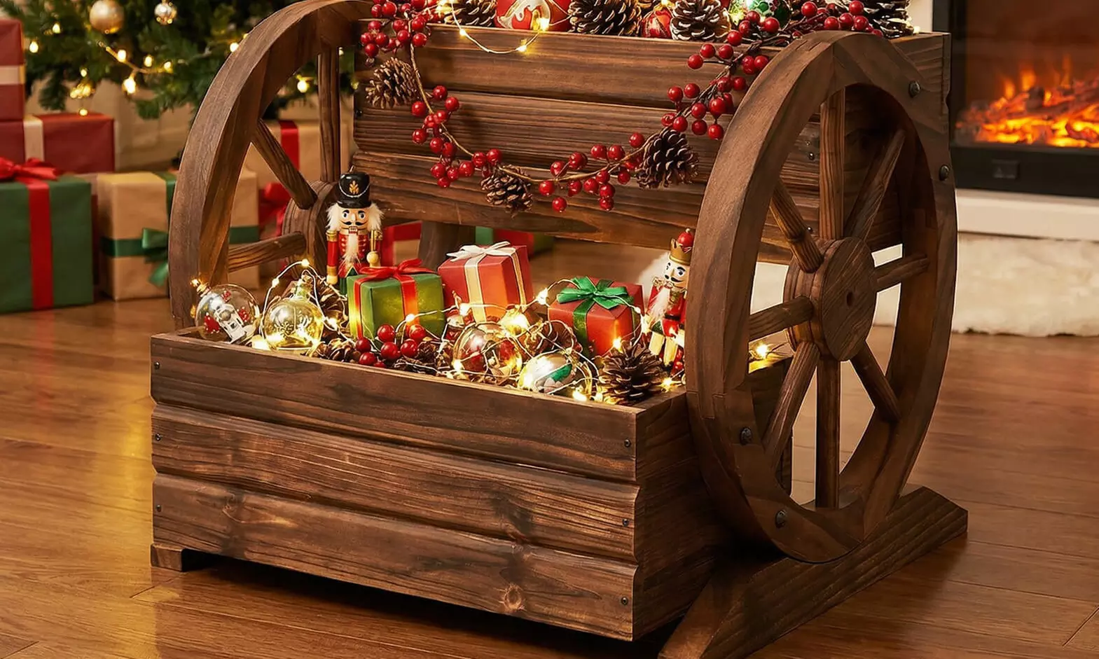 Costway 2-Tier Rustic Wooden Wagon Planter Box with Drainage Holes