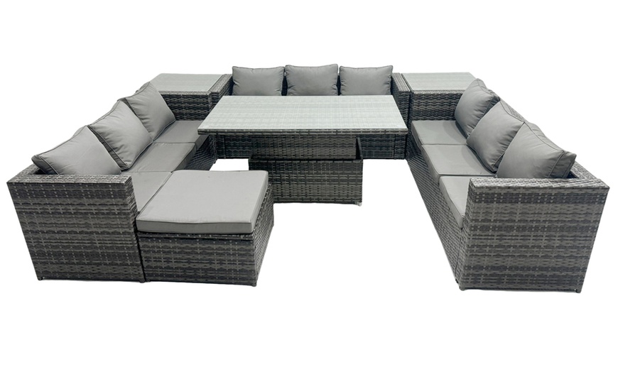 Image 1: Fimous Seven-Piece Rattan-Effect Dining Set with Adjustable Table