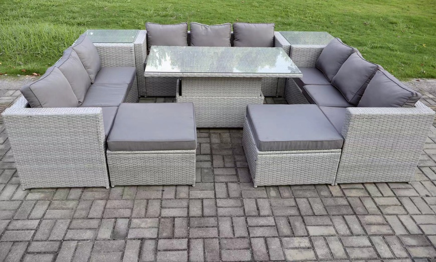 Image 1: Fimous 11-Seater Rattan-Effect Dining Set with Adjustable Table