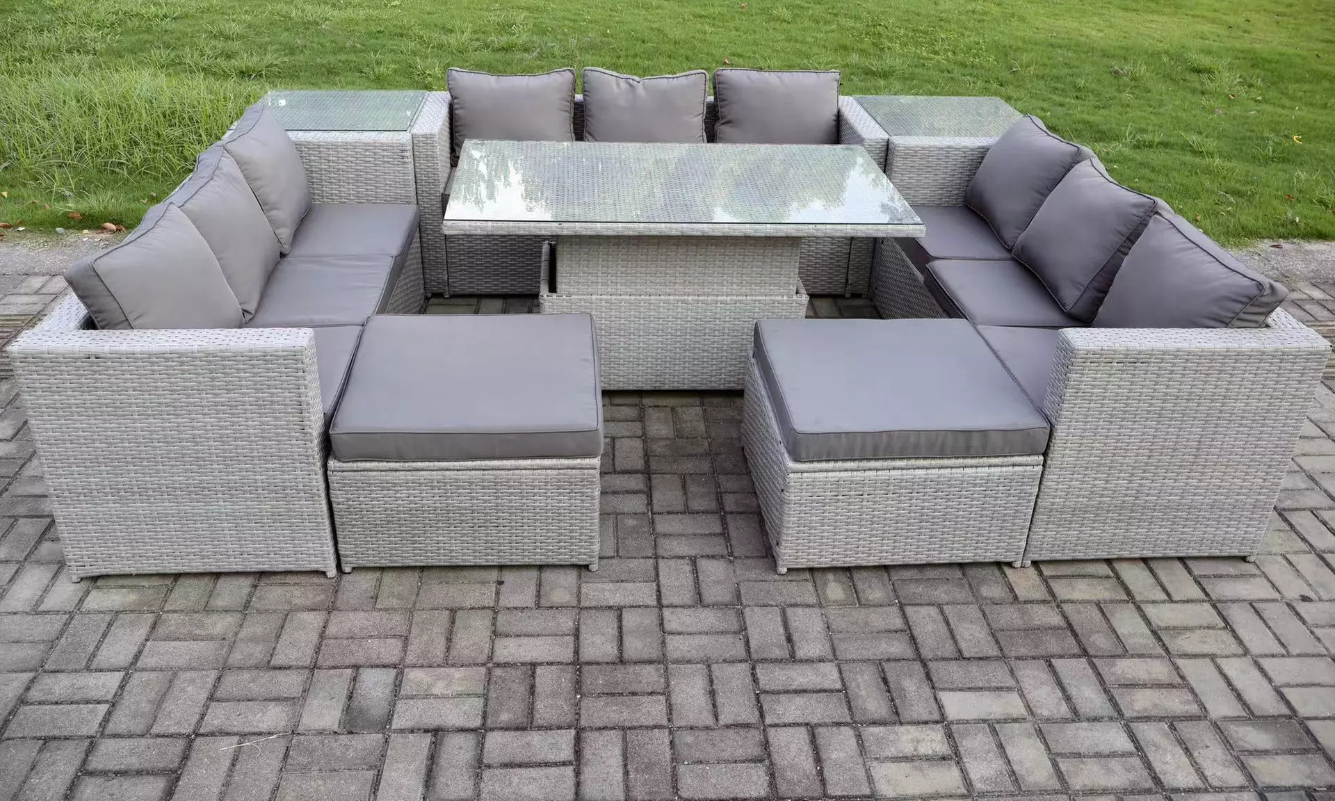 Fimous 11-Seater Rattan-Effect Dining Set with Adjustable Table - Primary Image