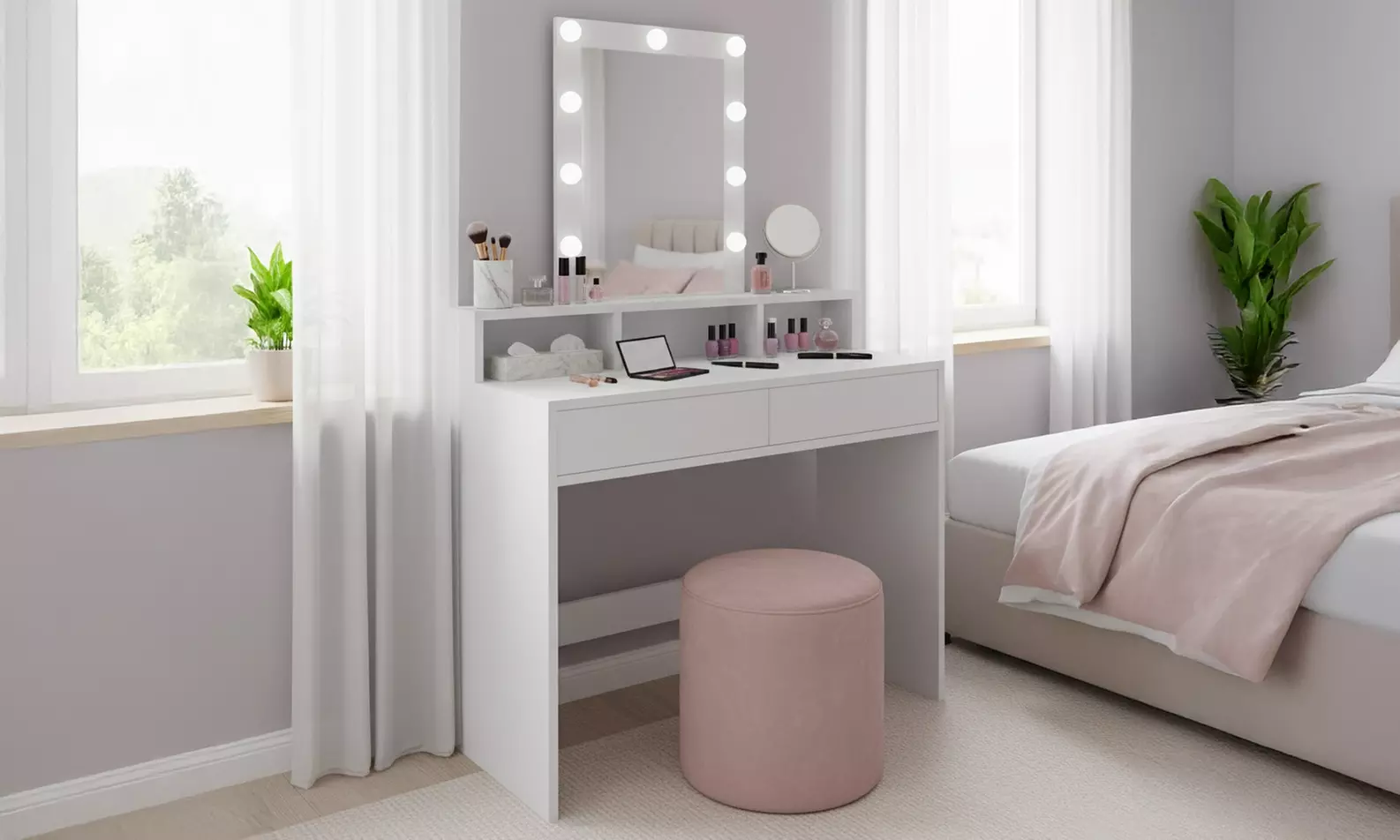 Toletta da trucco con luci e specchio con cassetti e ripiani