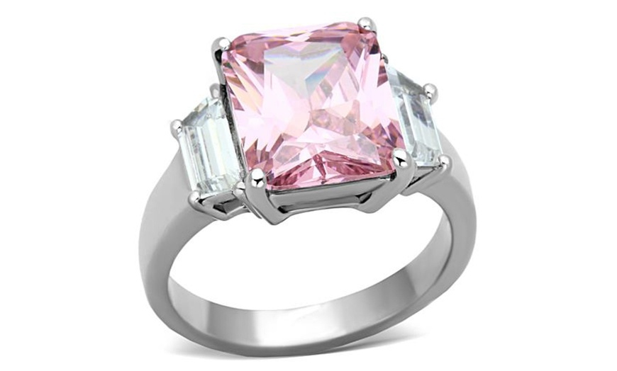 Image 2: WOMENS 6.64 CT EMERALD CUT ROSE ZIRCONIA STAINLESS STEEL ENGAGEMENT RING 