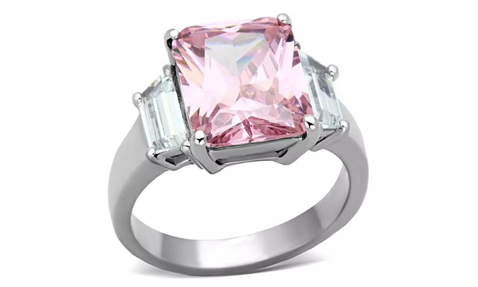 WOMENS 6.64 CT EMERALD CUT ROSE ZIRCONIA STAINLESS STEEL ENGAGEMENT RING
