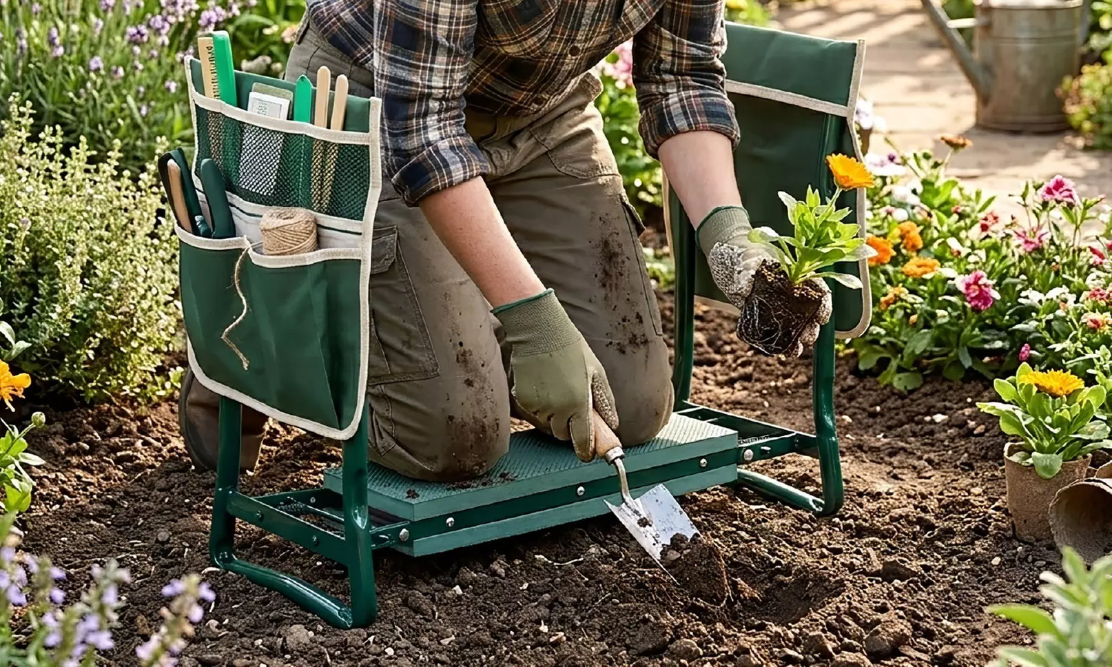 Banco de trabajo plegable para labores de jardinería con bolsillos