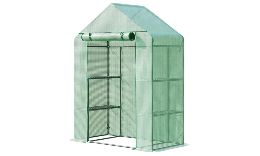 Image 3: Outsunny Walk In Greenhouse with Shelves, PE cover and roll up door 