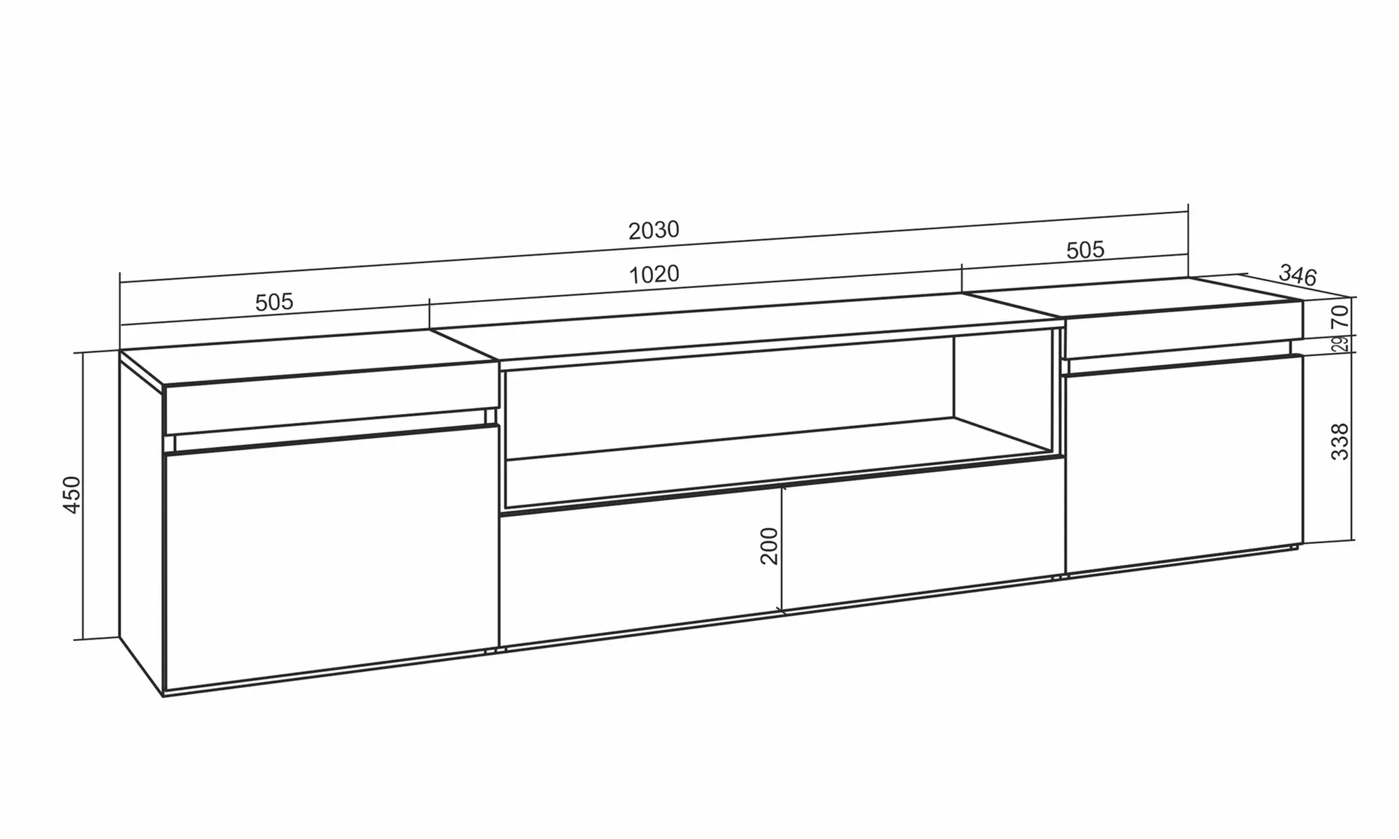Modernes TV-Lowboard (200cm) - Wahlweise mit 3D-Elektrokamin oder extra Stauraum