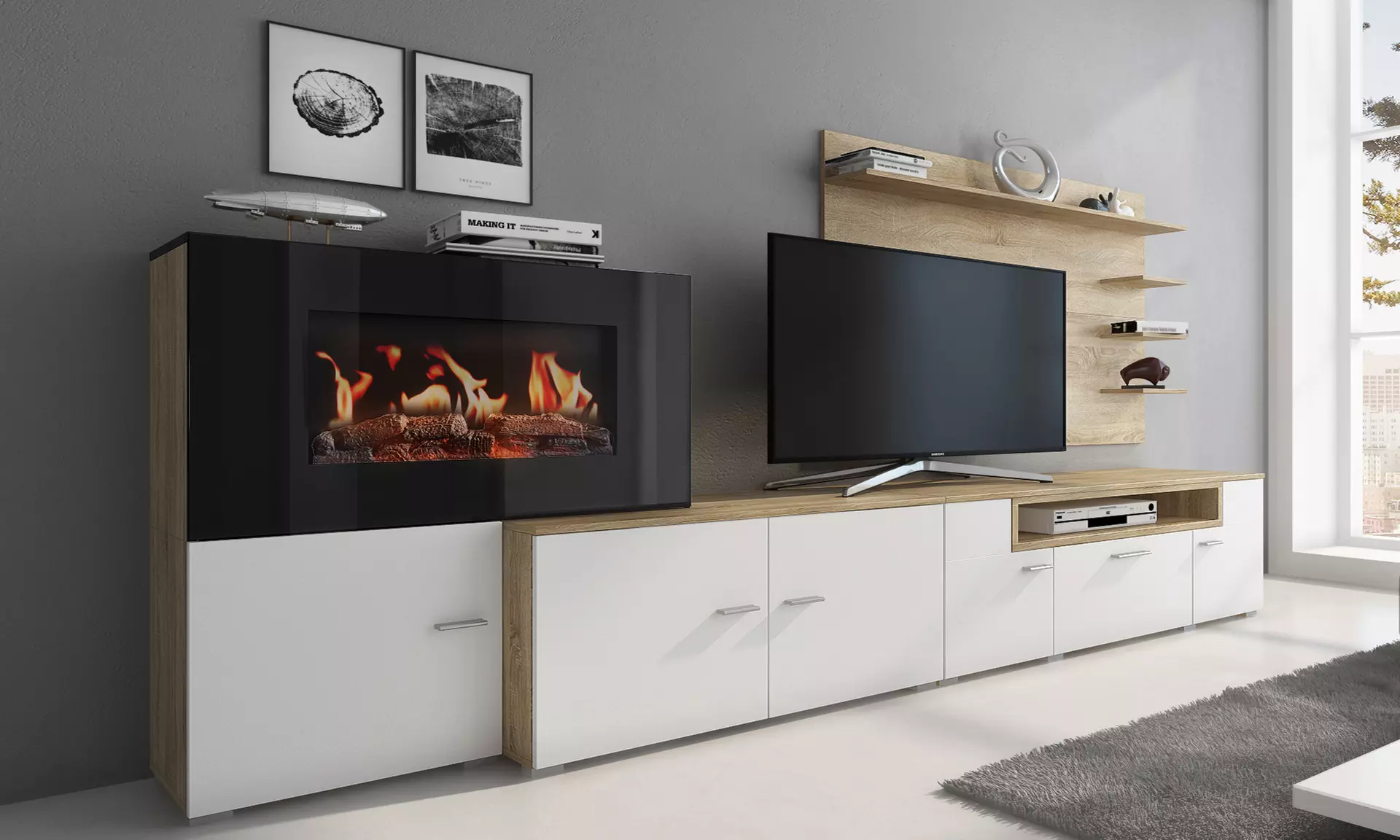 Mueble de salón con chimenea eléctrica
