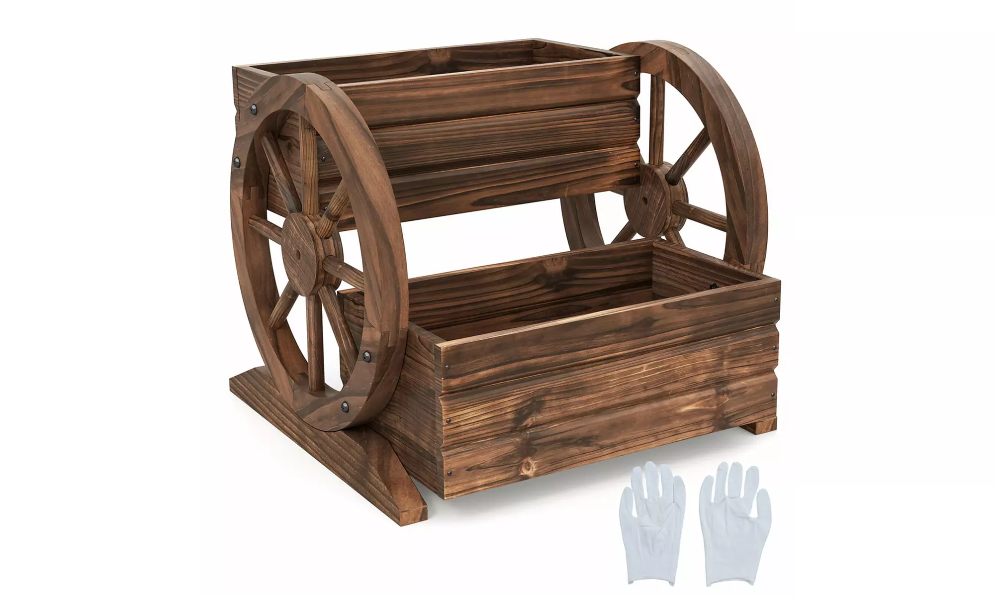 Costway 2-Tier Rustic Wooden Wagon Planter Box with Drainage Holes