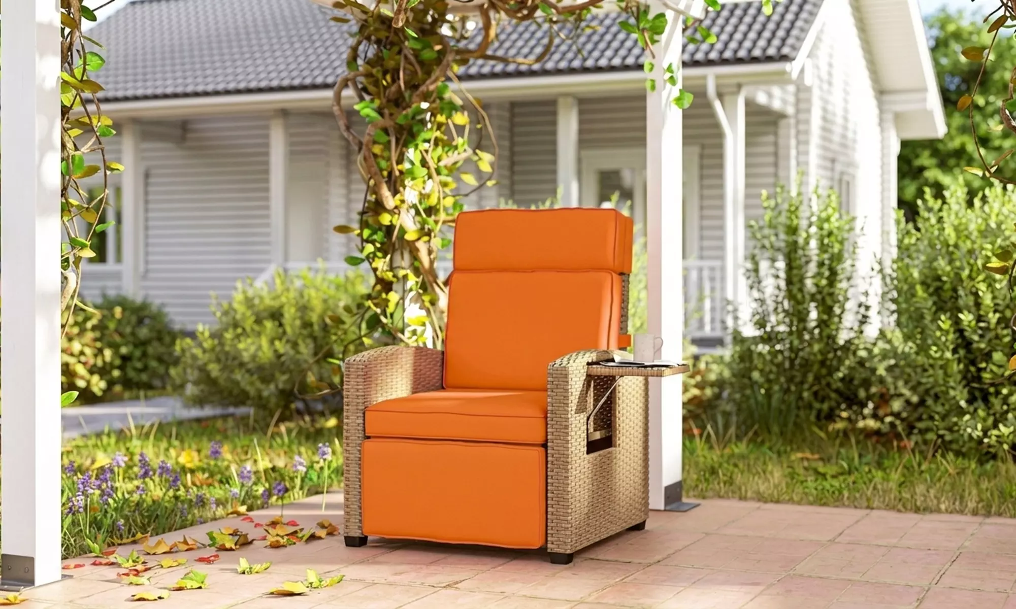 Outsunny Rattan-Effect Recliner Chair with Footrest and Side Tray