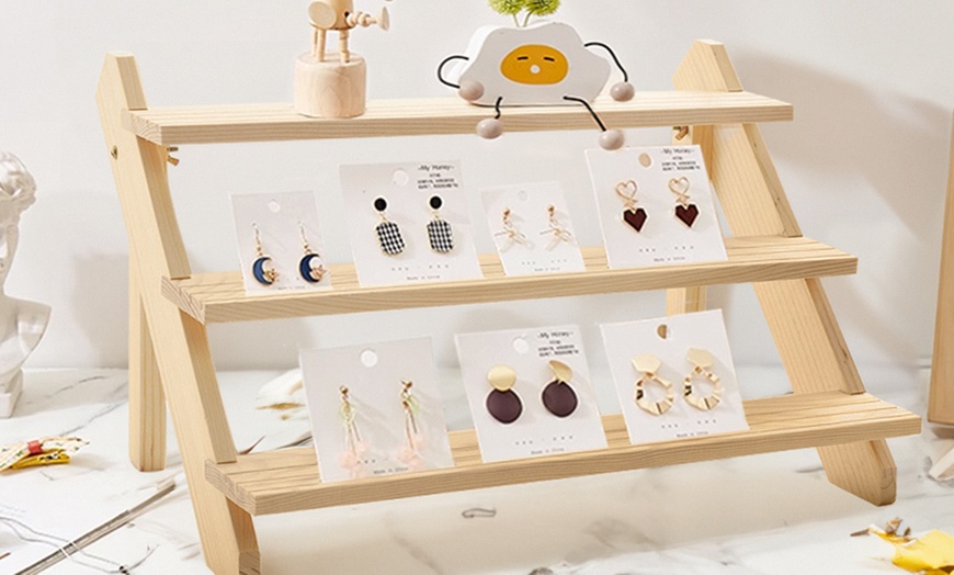 Image 3: Four Tier Natural Pine Wood Desktop Display Stand