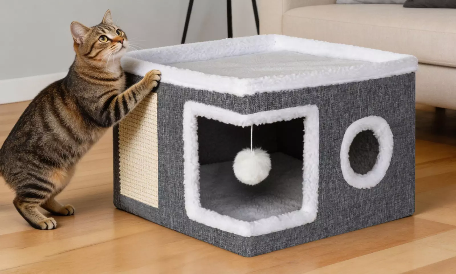 Skylos Indoor Cat House Cave with Scratch Pad and Hanging Toy