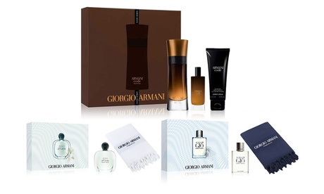 Set di cofanetti regalo Giorgio Armani per lui e per lei con omaggi e minitalie