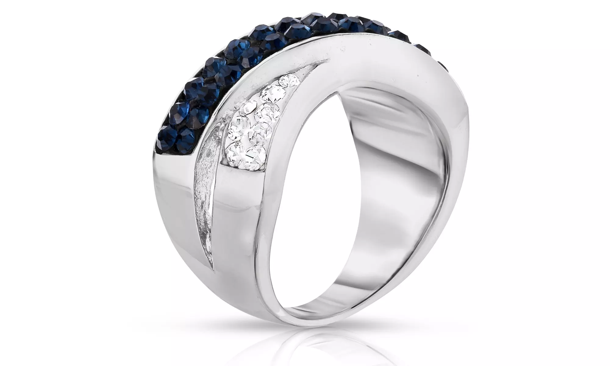 Dark Blue and White Crystal Cross Over Ring With Crystals From Swarovski