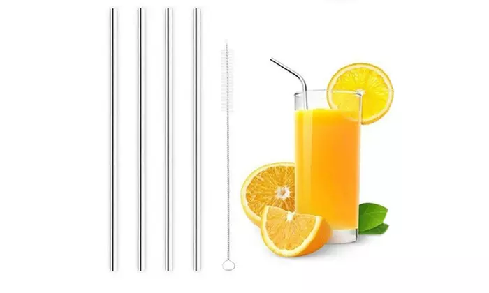 Stainless Steel Drinking Straws, Bent or Straight, With Brush (4 or 8-pack)