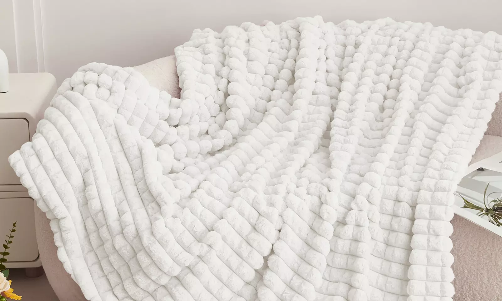 Faux Rabbit Fur Waffle Throw - Super Soft, Luxury Blanket
