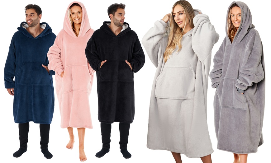 Image 1: Extra Long Oversized Sherpa Hoodie Blanket