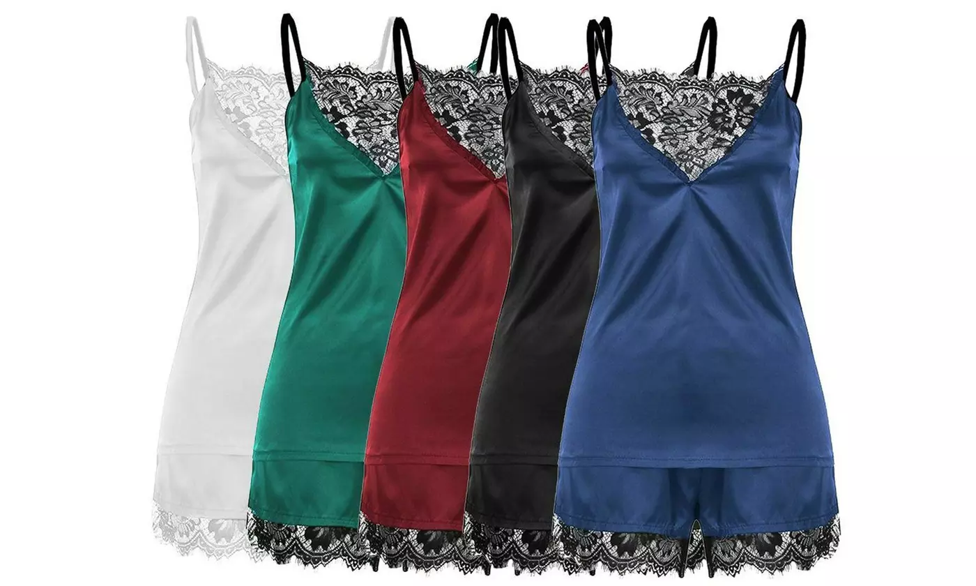 Women's Sexy Silk Satin Pajamas Sets Lace Trim Cami Tops Shorts Sleepwear