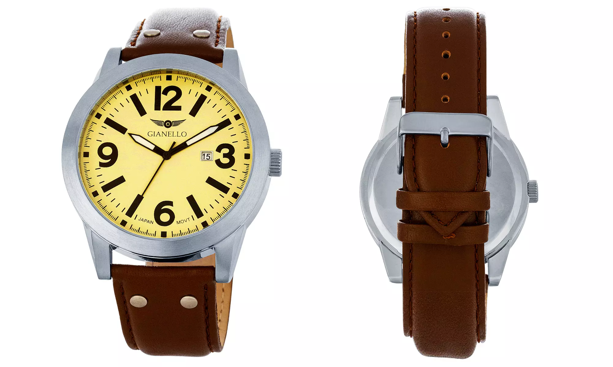 Gianello Stainless Steel Men's Watch with Riveted Leather Strap - Second Medium