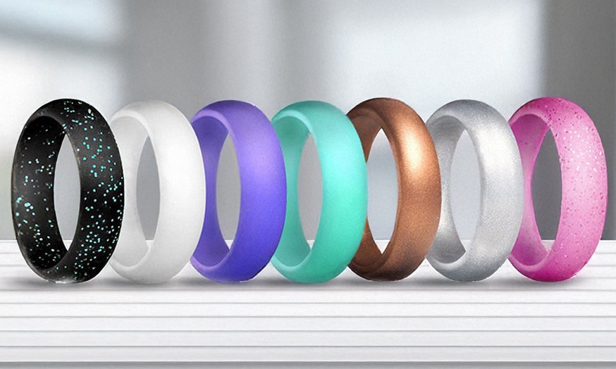 Image 1: 7 Pack Women's Silicone Wedding Bands Set Colorful Rubber Rings