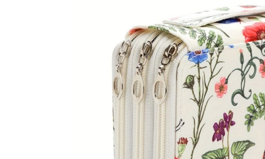 Image 9: Floral Oxford Fabric 3-Layer Art Brush Storage Case