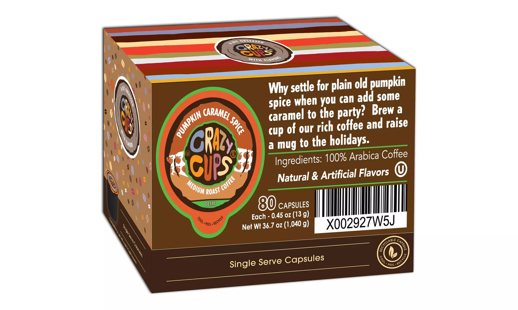 Crazy Cups Decaf Pumpkin Caramel Spice Hot or Iced Coffee K Cups 22 or 80 Count