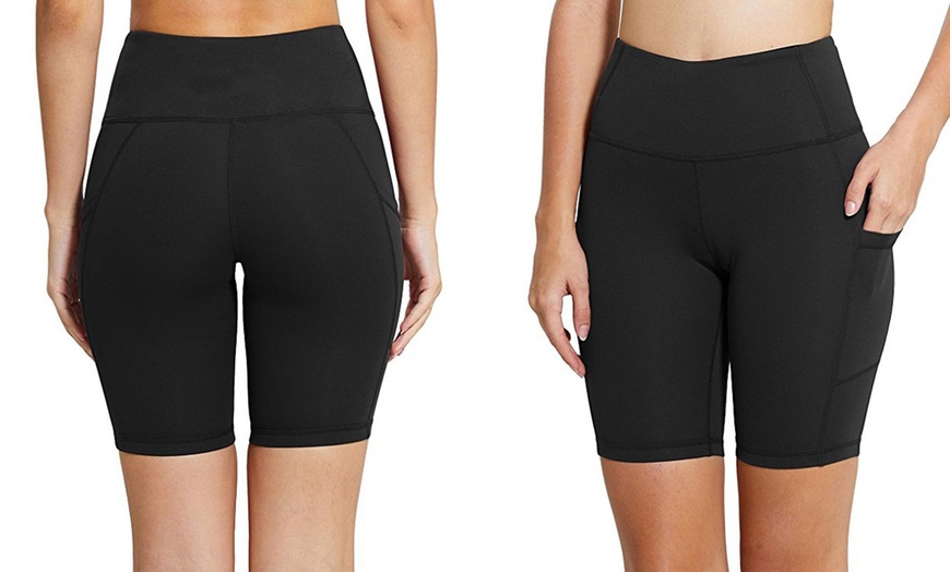 Image 4: Women Activewear Workout Bike Yoga Shorts Stretch Mid Thigh Leggings with Pocket