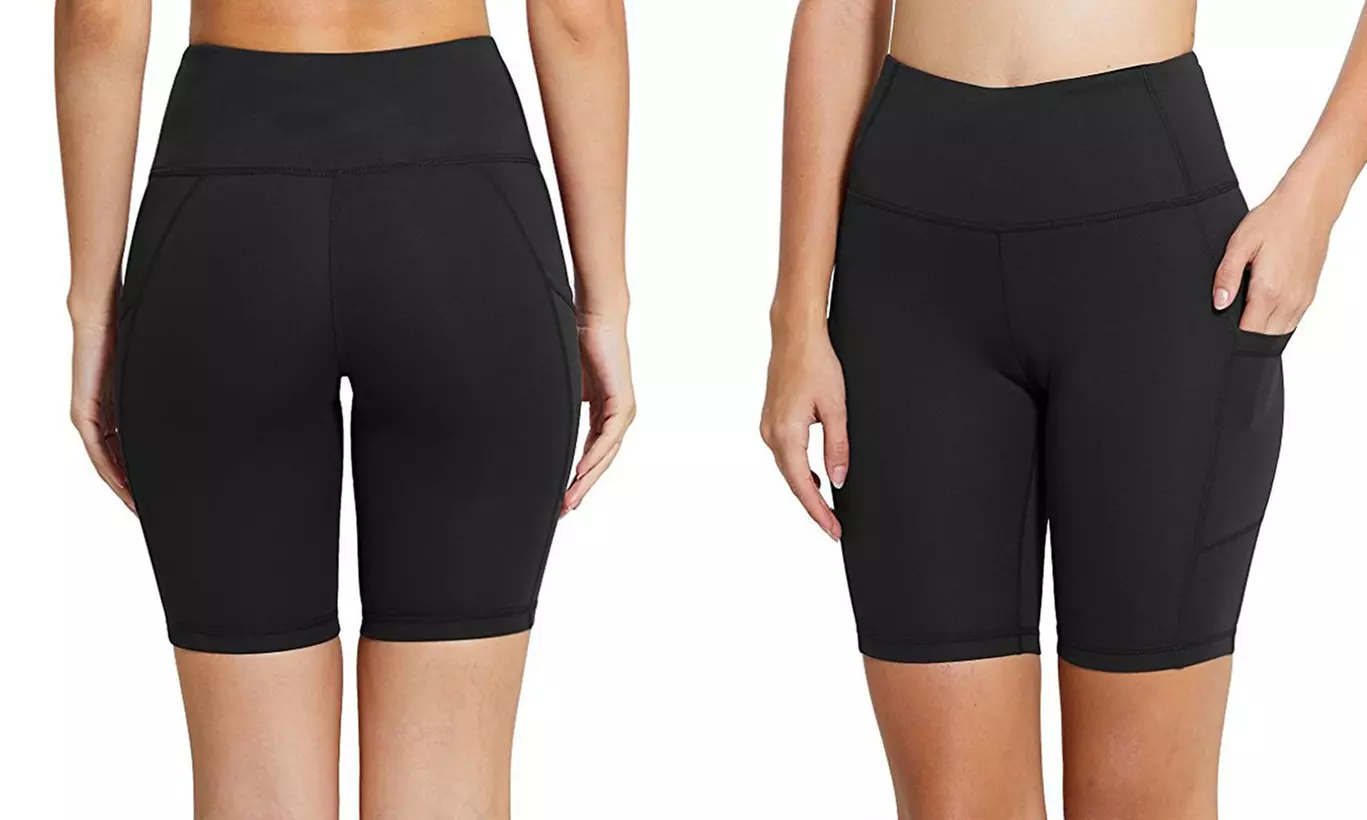 Women Activewear Workout Bike Yoga Shorts Stretch Mid Thigh Leggings with Pocket