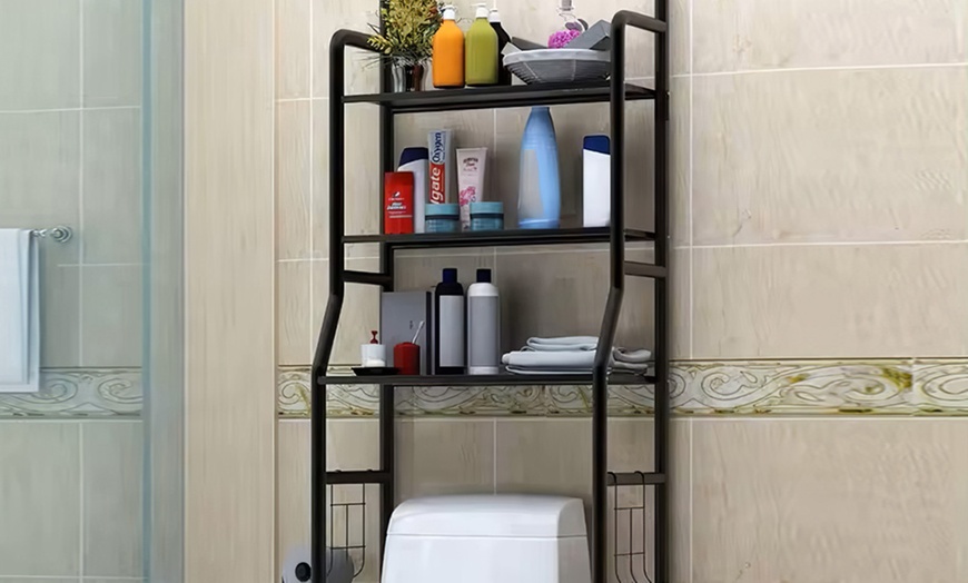 Image 1: 3-Tier Metal Bathroom Organiser Over Toilet Shelf in Black