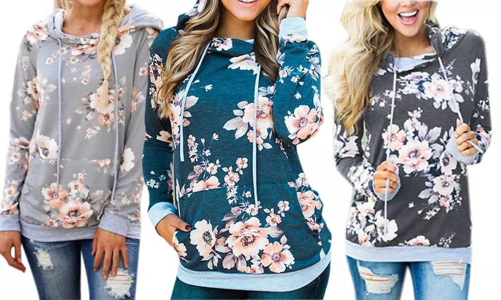 Lilly Posh Women's Floral or Camo Hoodie with Drawstrings. Plus Sizes Available. - Primary Image