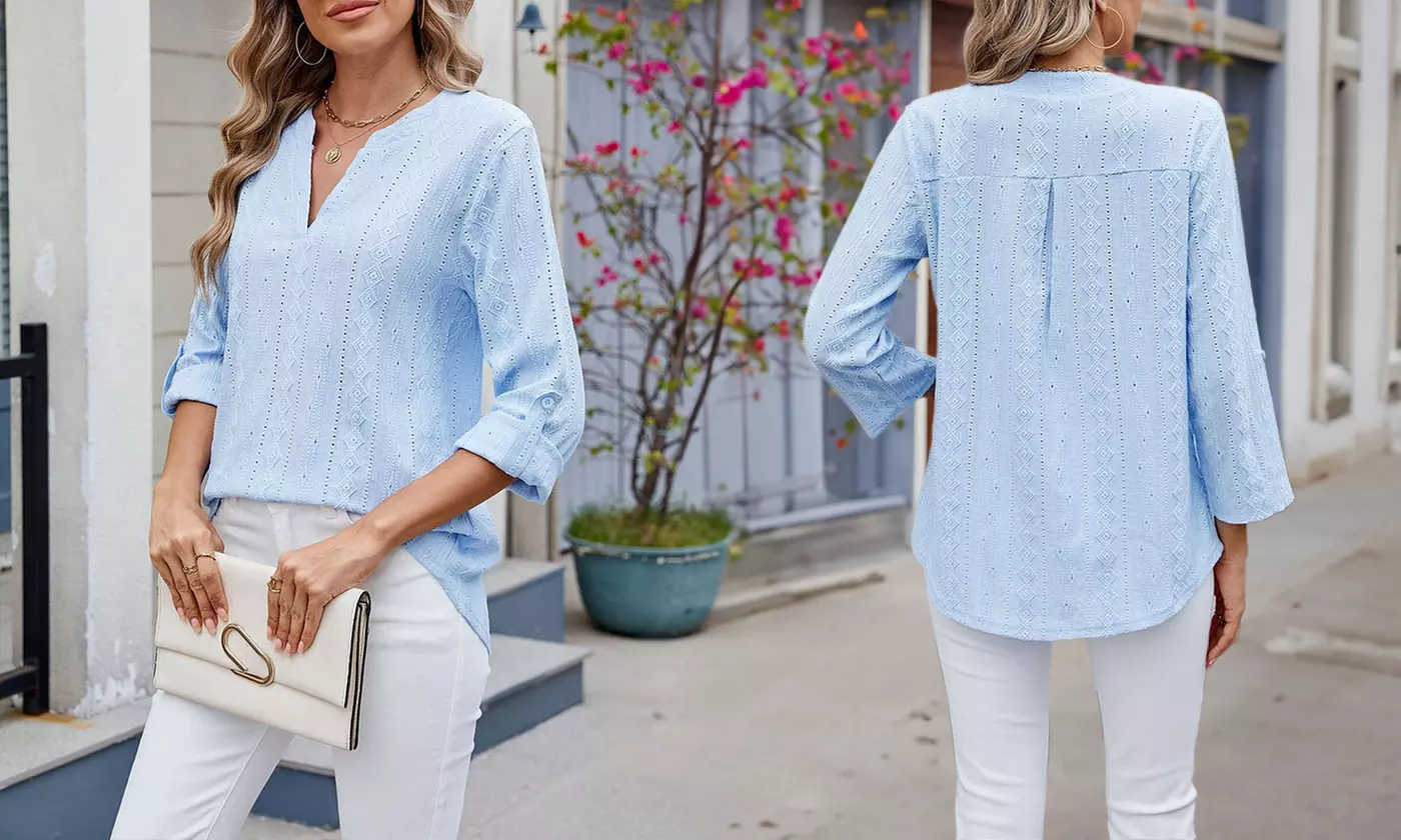 Women Dressy V Neck Ruffle 3/4 Sleeve Trendy Eyelet Blouses Loose Fit Tunic