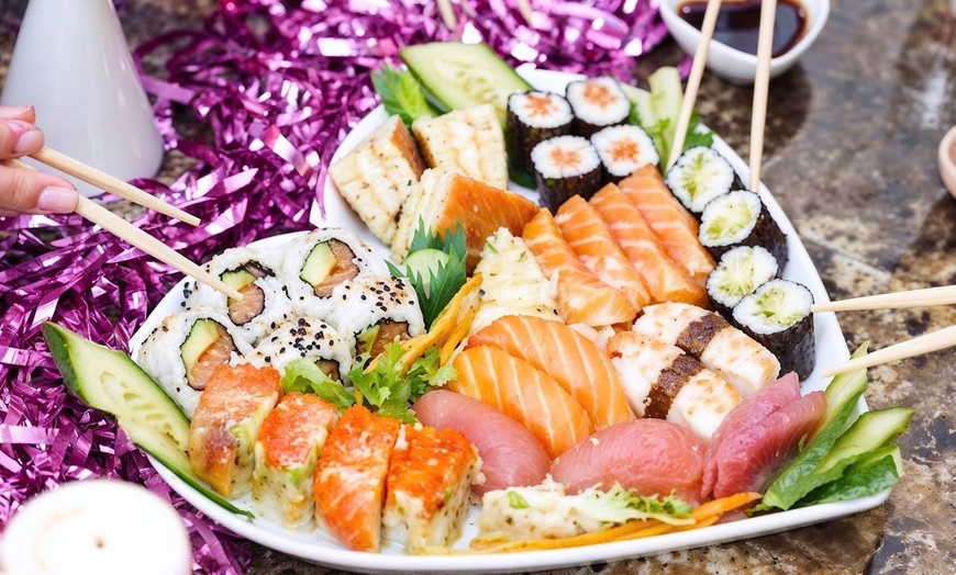 Image 1: Sushi Feast: 14, 28 or 44-Piece Platter with Starter/Dessert & Drink