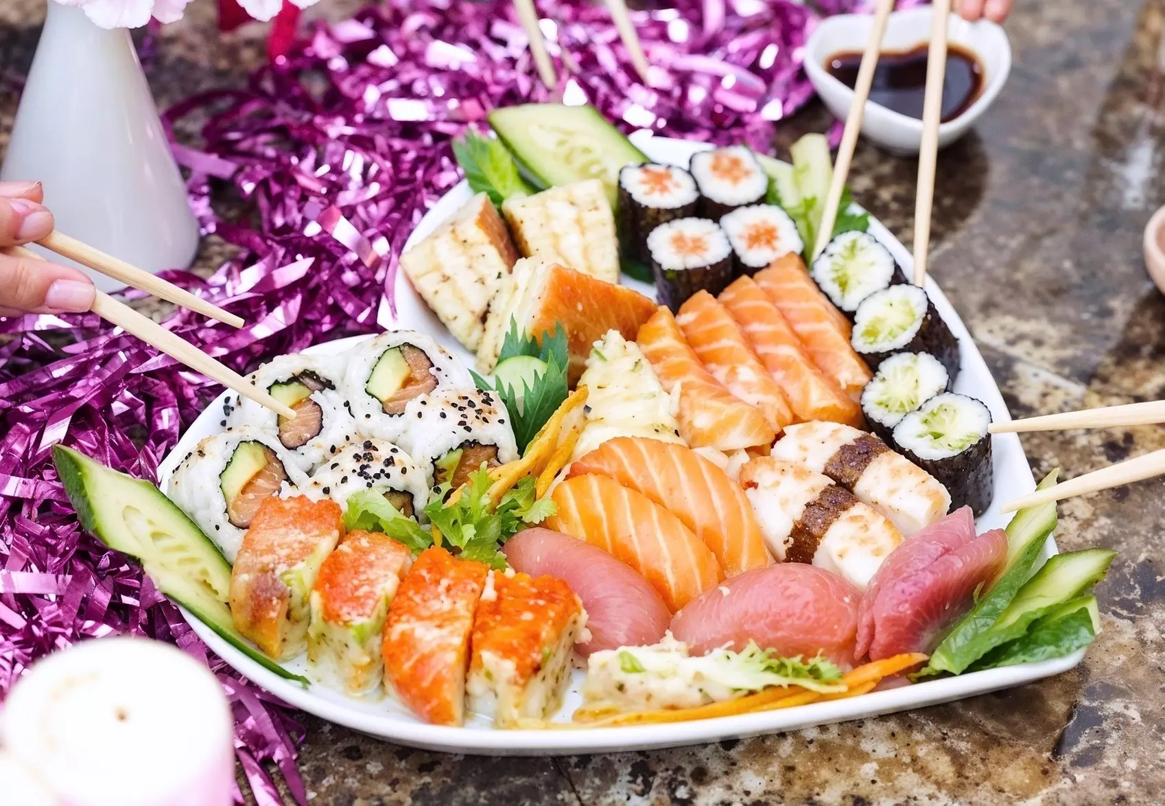Sushi Feast: 14, 28 or 44-Piece Platter with Starter/Dessert & Drink