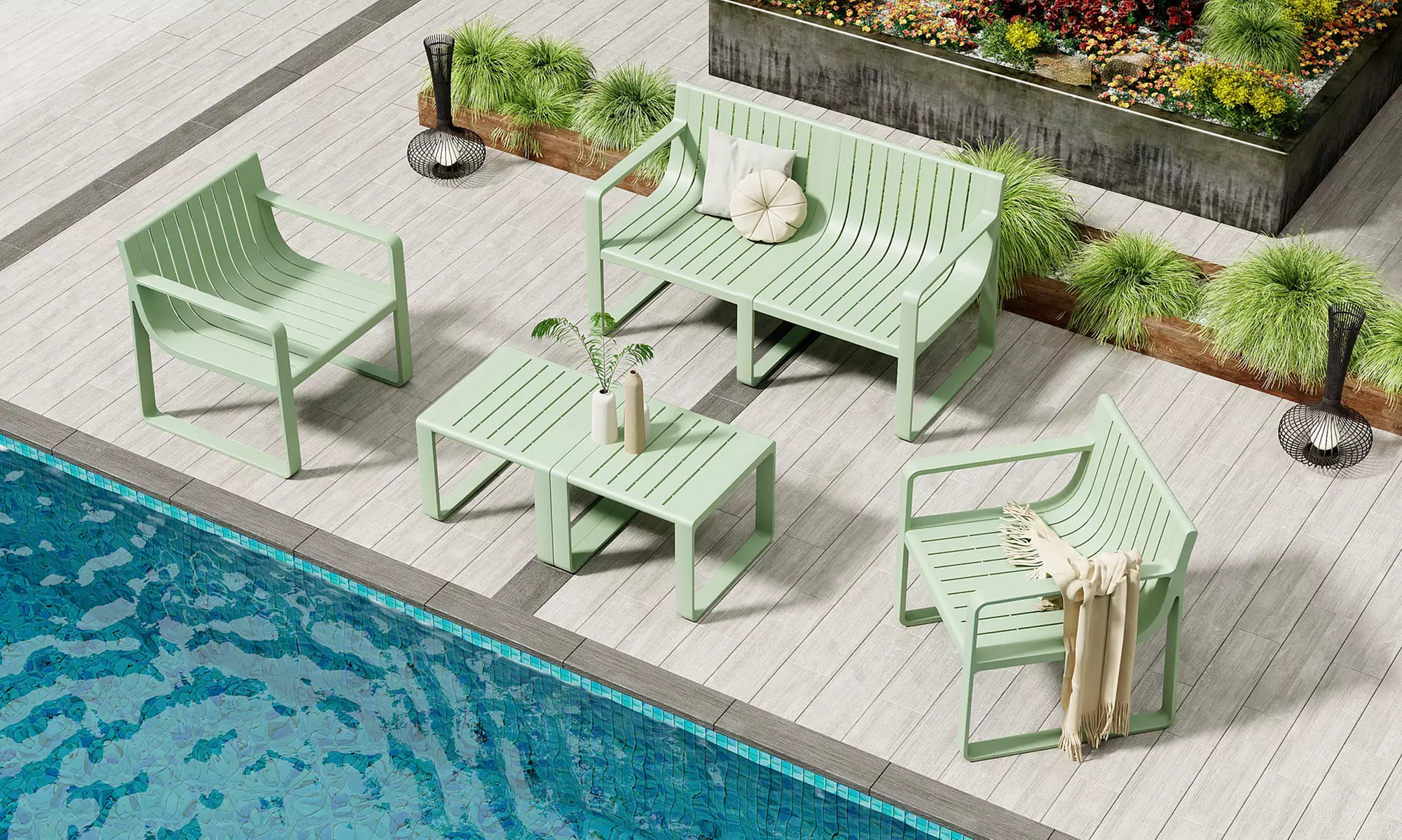 Salotto da giardino Verde Salvia in Polipropilene composto da 2 tavolini, 1 divano e 2 poltroncine, con spedizione gratuita - Primary Image