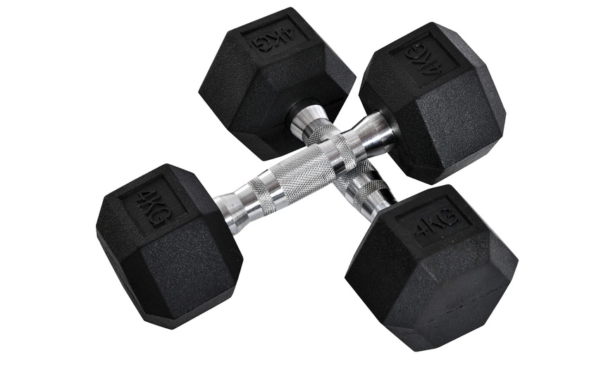 Image 1: HOMCOM Hex Dumbbell Weights 4kg-20kg; Rubber Weight and Metal Grip