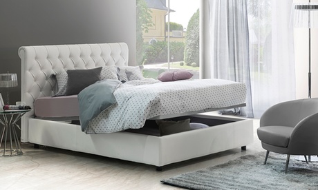 Letto matrimoniale Mirtillo in ecopelle con contenitore, disponibile con materasso opzionale in Memory