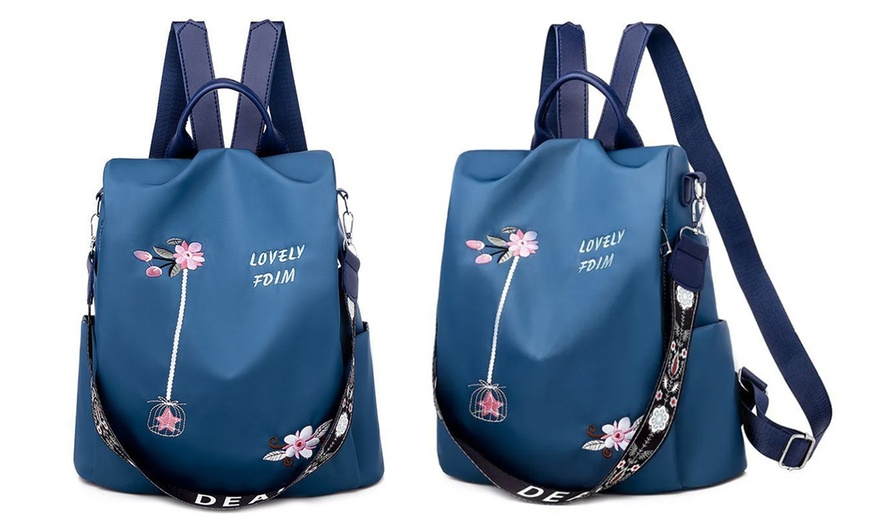 Image 18: Women's Floral Embroidered Anti-Theft Backpack
