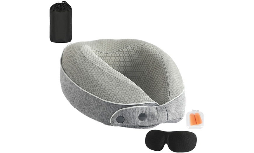 Image 4: Memory Foam Travel Neck Pillow Set, Includes Mask and Earplugs