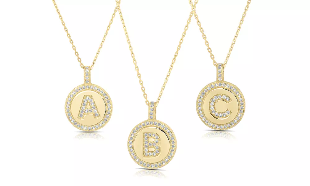 Crystal Round Disc Initial Pendant Necklace in 14K Gold Plated