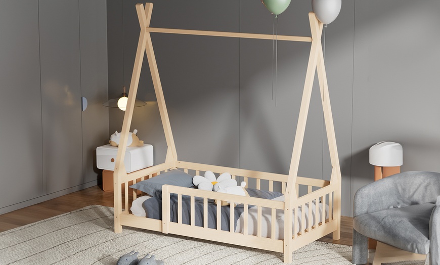 Image 2: Pine Wood Tent-Shaped Kids Bed Frame with Low Base and Safety Fence