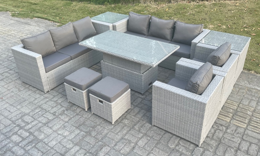 Image 1: Fimous Rattan-Effect Adjustable Rising Lifting Table Sofa Dining Set