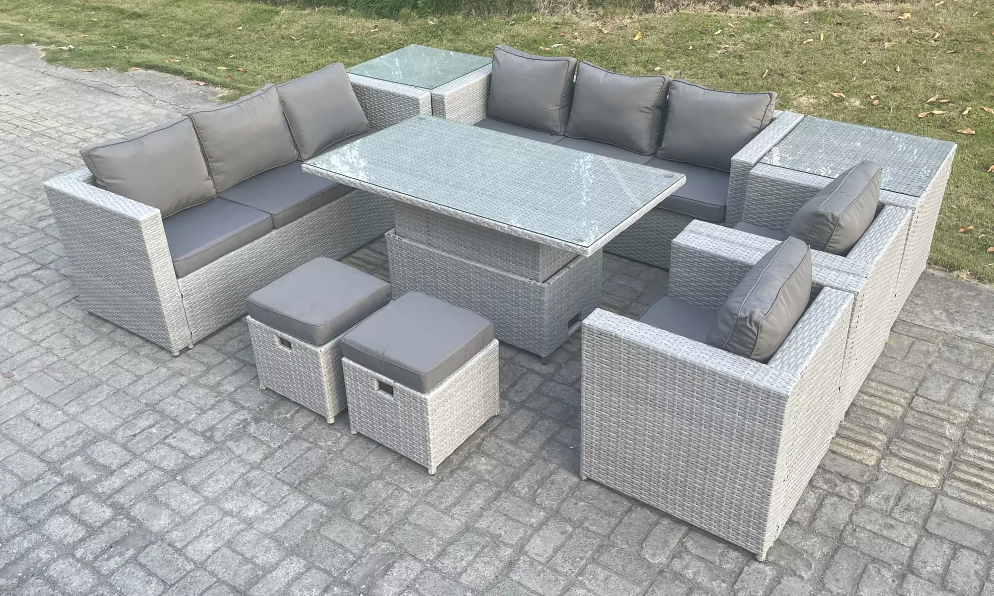 Fimous Rattan-Effect Adjustable Rising Lifting Table Sofa Dining Set - Primary Image