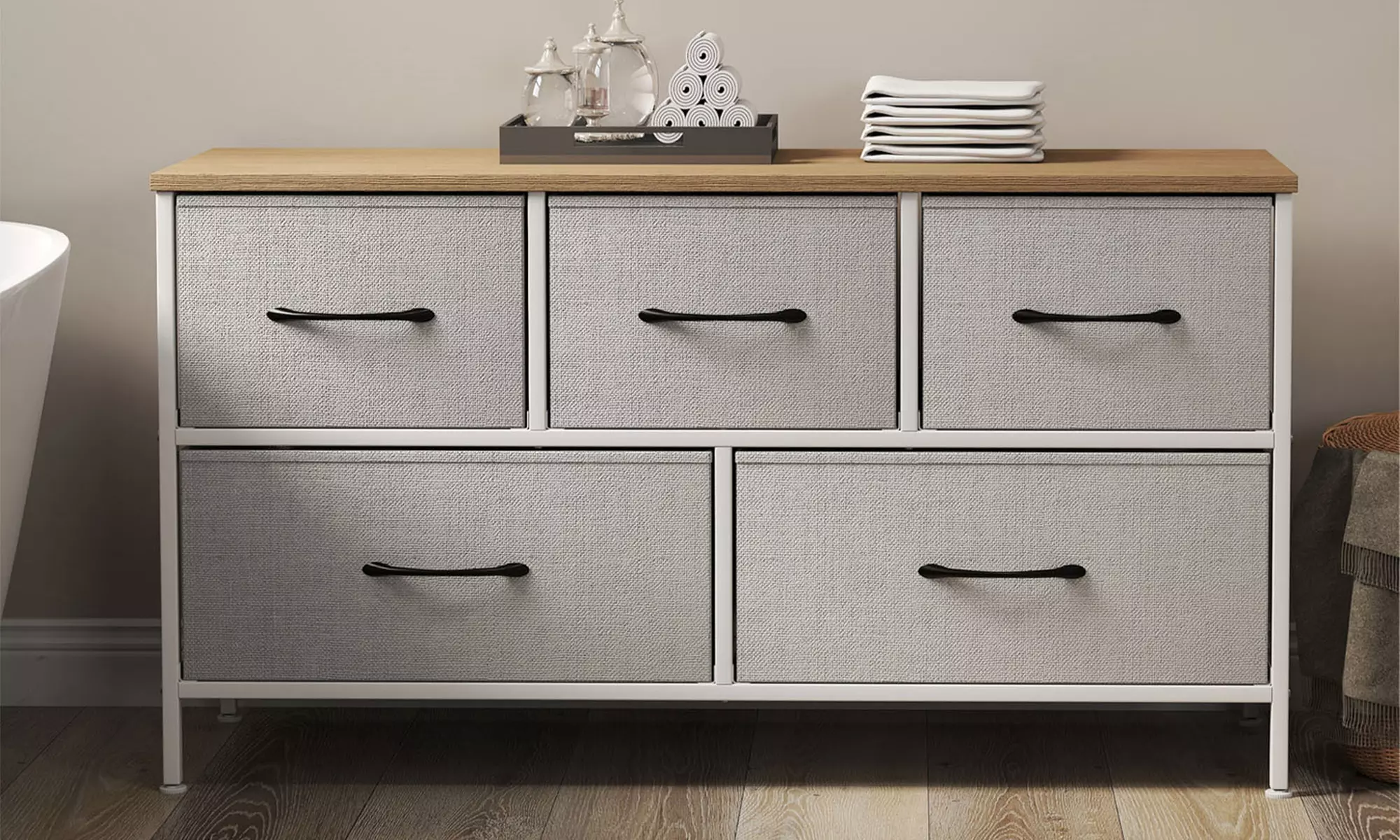 Fabric Chest of Drawers Collection - Rustic Wood & Grey Storage Units