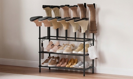 Two-Tier Shoe Rack with Boot Storage & Side Hooks, Black