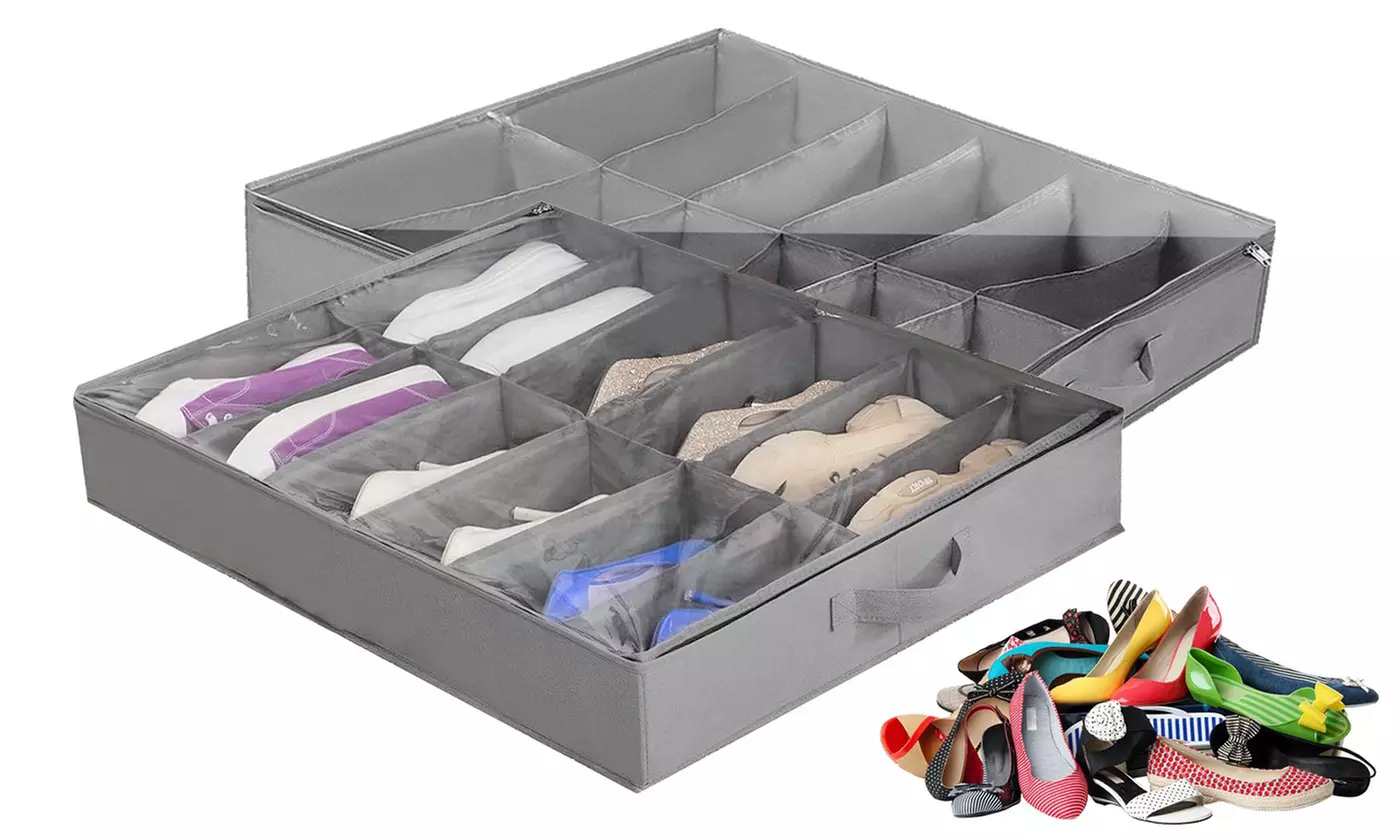 Under Bed Shoe Organizer Hidden Shoes Storage with Clear Cover & Zippers