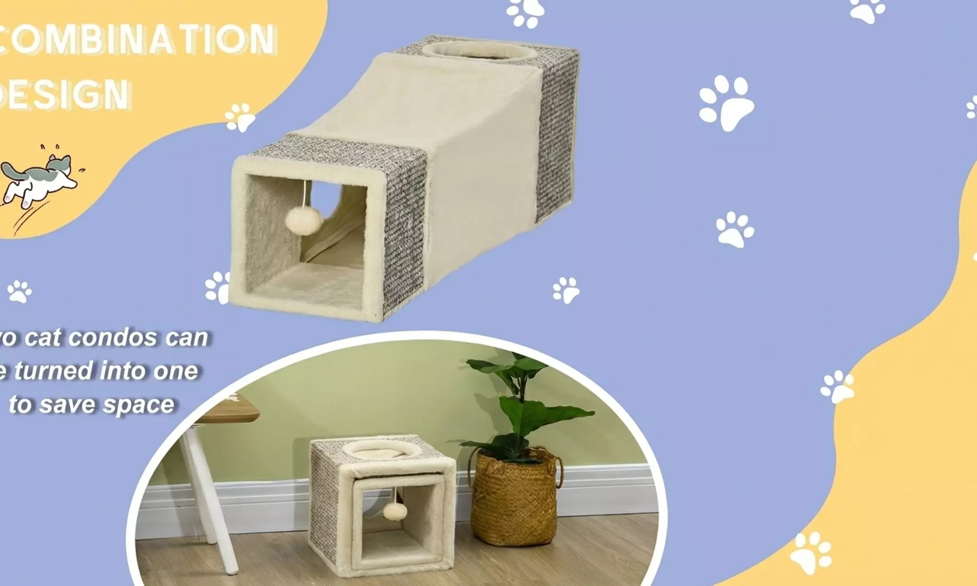 PawHut Cat Tunnel Playhouse with Sisal Scratchers and Dual Caves