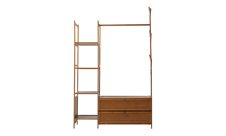 Image 4: Freestanding Bamboo Clothes Rack with Shelves for Storage
