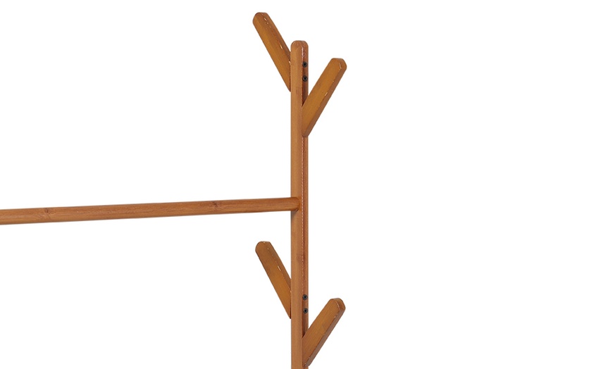 Image 7: Freestanding Bamboo Clothes Rack with Shelves for Storage