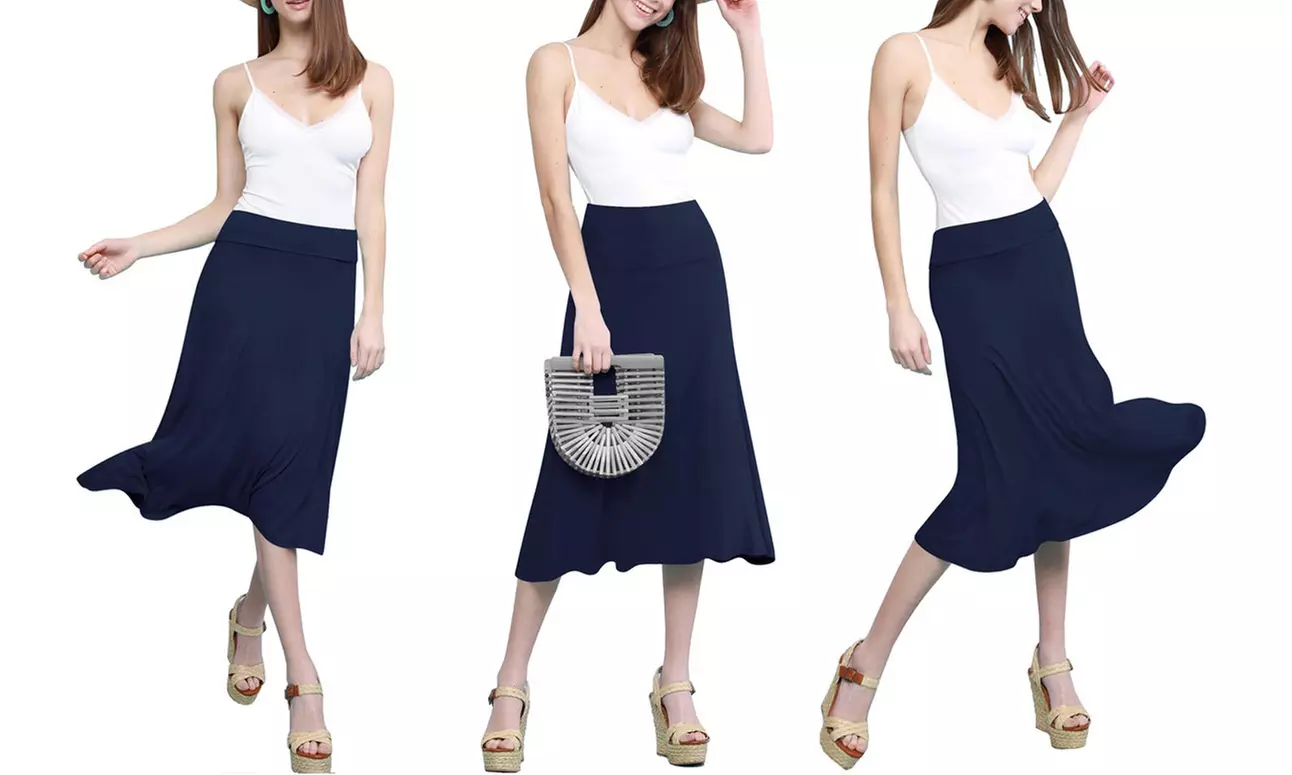 Women's Solid Lightweight Flare Midi Pull On Skirt