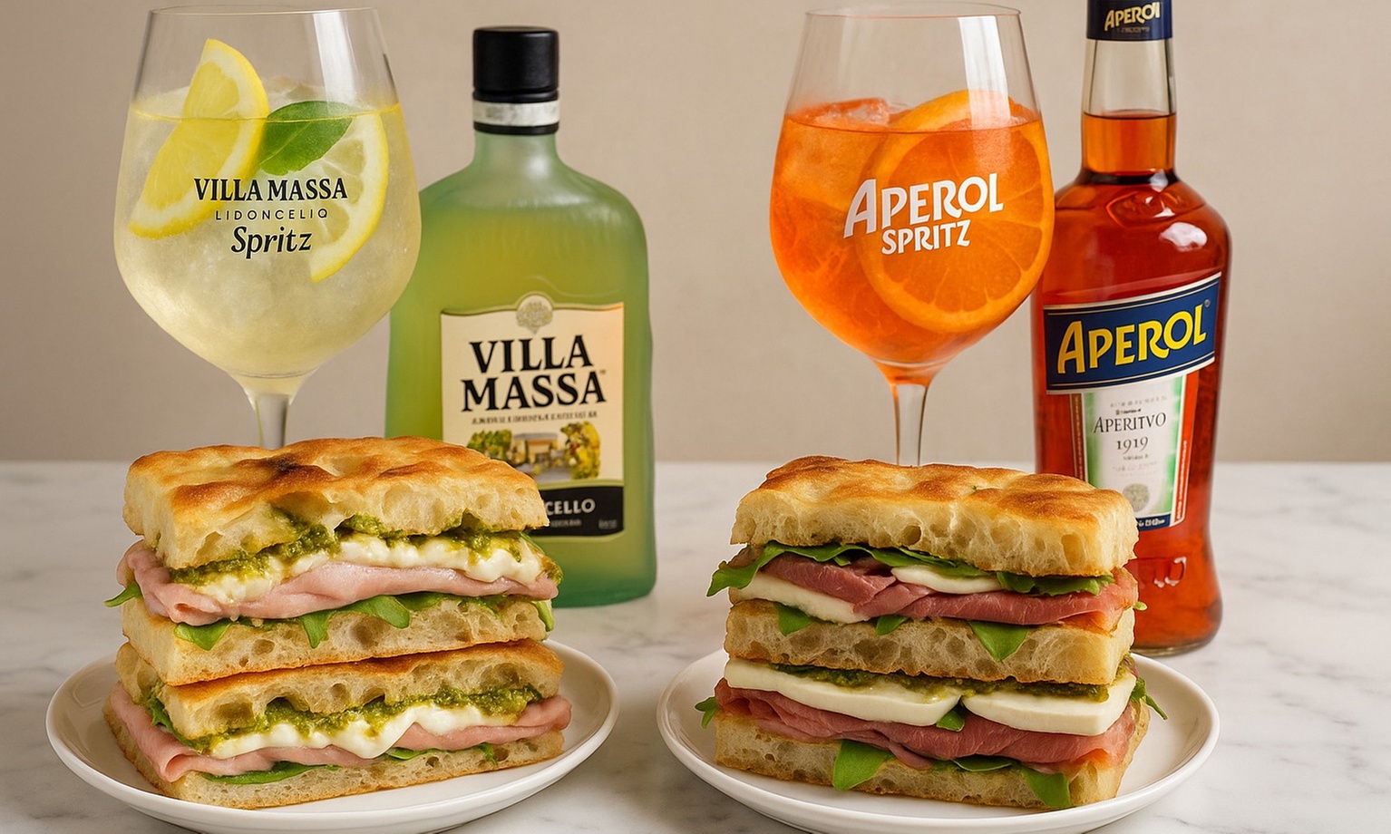 Focaccias italianas con Aperol o limoncello spritz